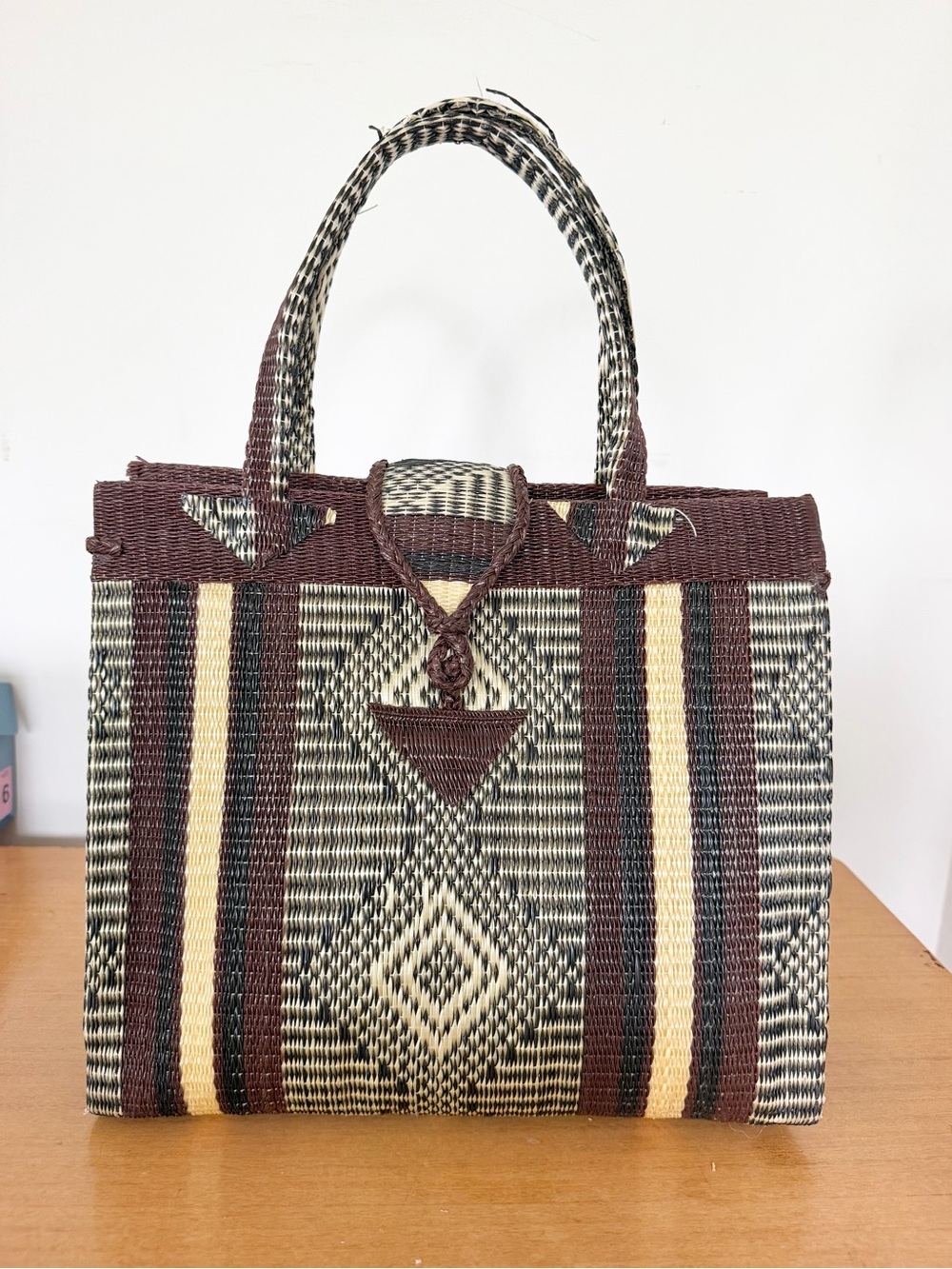 Woven Tribal Pattern Plastic Tote Bag in Brown, Black & Cream Boho Purse Shop